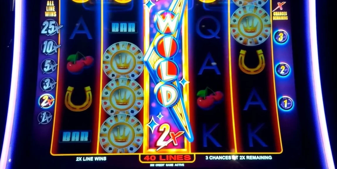 A wild has landed on the middle reel and switched on a 2x. The ladder lights 2x on the left, the chances column on the right reads 3, and the legend confirms it: 3 CHANCES AT 2X REMAINING. That is the read.