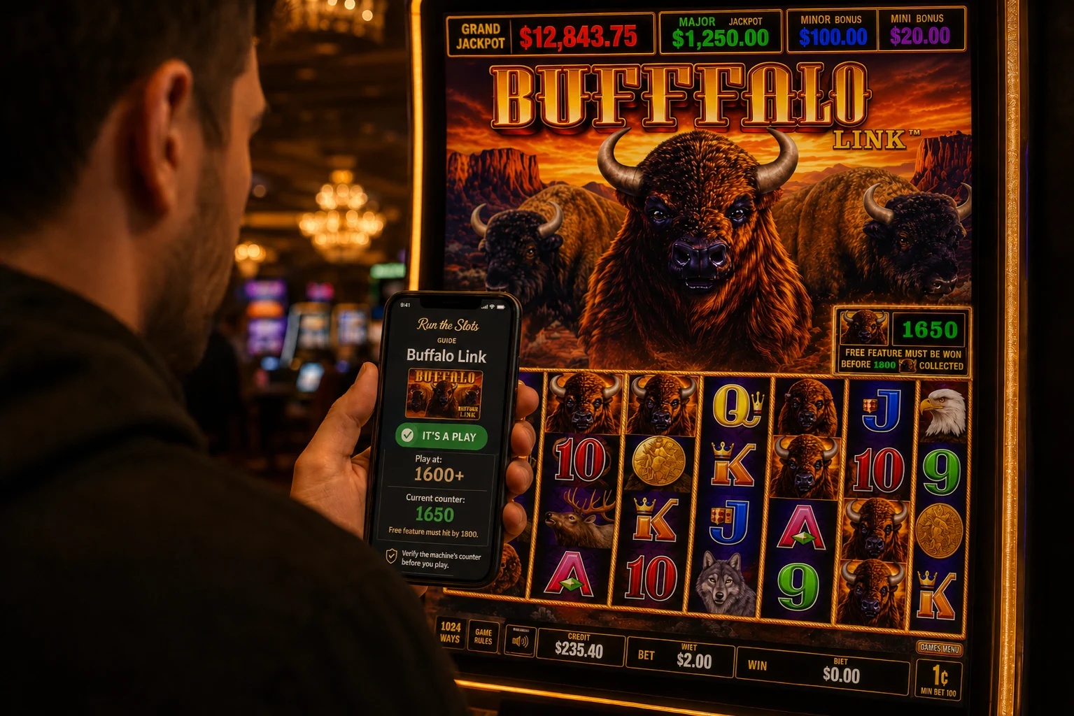 A player reading a Buffalo Link machine with the Run the Slots app — the counter shows 1,650, past the 1,600 sit line and under the 1,800 must-hit ceiling