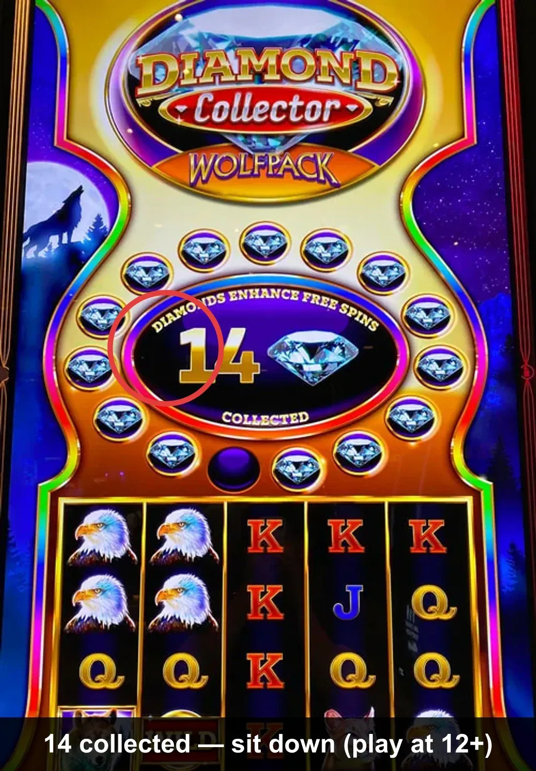 The bet pad spells out the diamond count for every bet level — read the 'Collected' number on each card (ringed). Here they read '9 Collected', '3', '1', '2', '0'; every level is below 12, so this machine is a walk. Play only the level sitting at 12 or more.