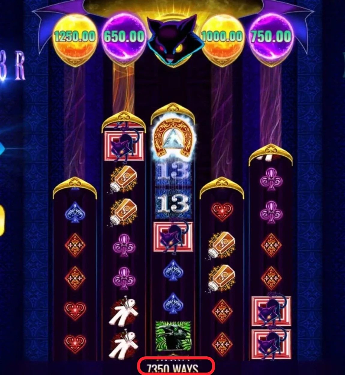 The whole read in one panel: five Luck Zone prize pods overhead (1250, 650, the black cat = the progressive, 1000, 750), the center reel stretched tall under the cat with the gold-crowned 13 arch, and — ringed in red along the bottom — the ways-to-win counter reading 7,350 WAYS, well over the 3,500 minimum. You read this number off the glass before you ever sit; a count this high means previous players left the reels stretched and the prizes overhead close.