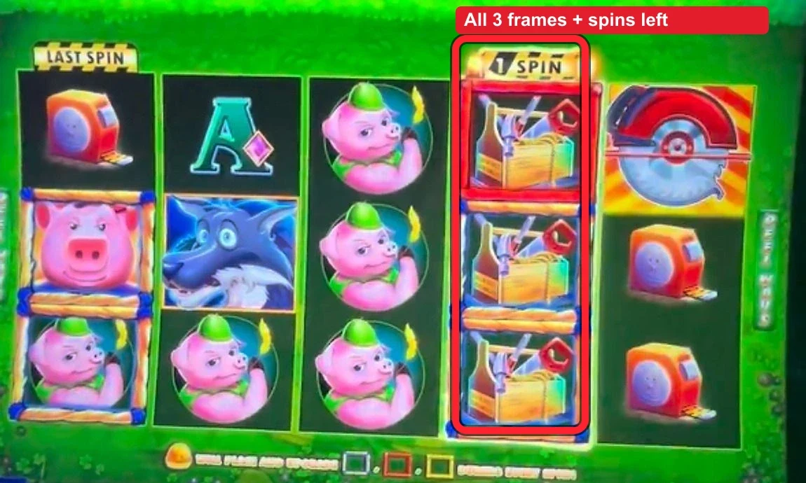 Huff N Puff reels — a reel with all three positions filled with frames and a spin counter still reading 1 above it
