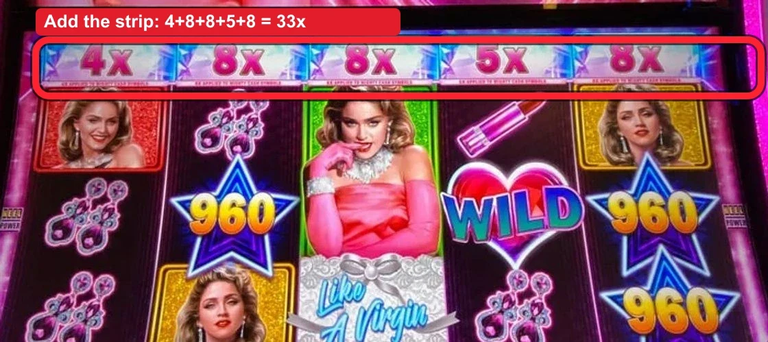 Read the multiplier strip straight across the top of the reels: 4x, 8x, 8x, 5x, 8x. Add the five numbers — that is 33x total, well past the 21x line, so this is a play. Each climbs 1x every time a boost symbol lands and caps at 8x per reel.