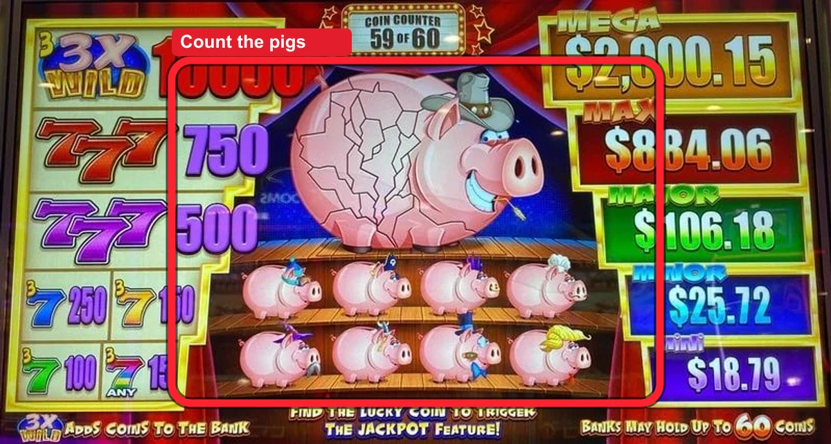 Count every pig still standing — the large bank on top plus the small banks below. Here the banks are nearly full; this is a walk. You want 3 or fewer remaining.