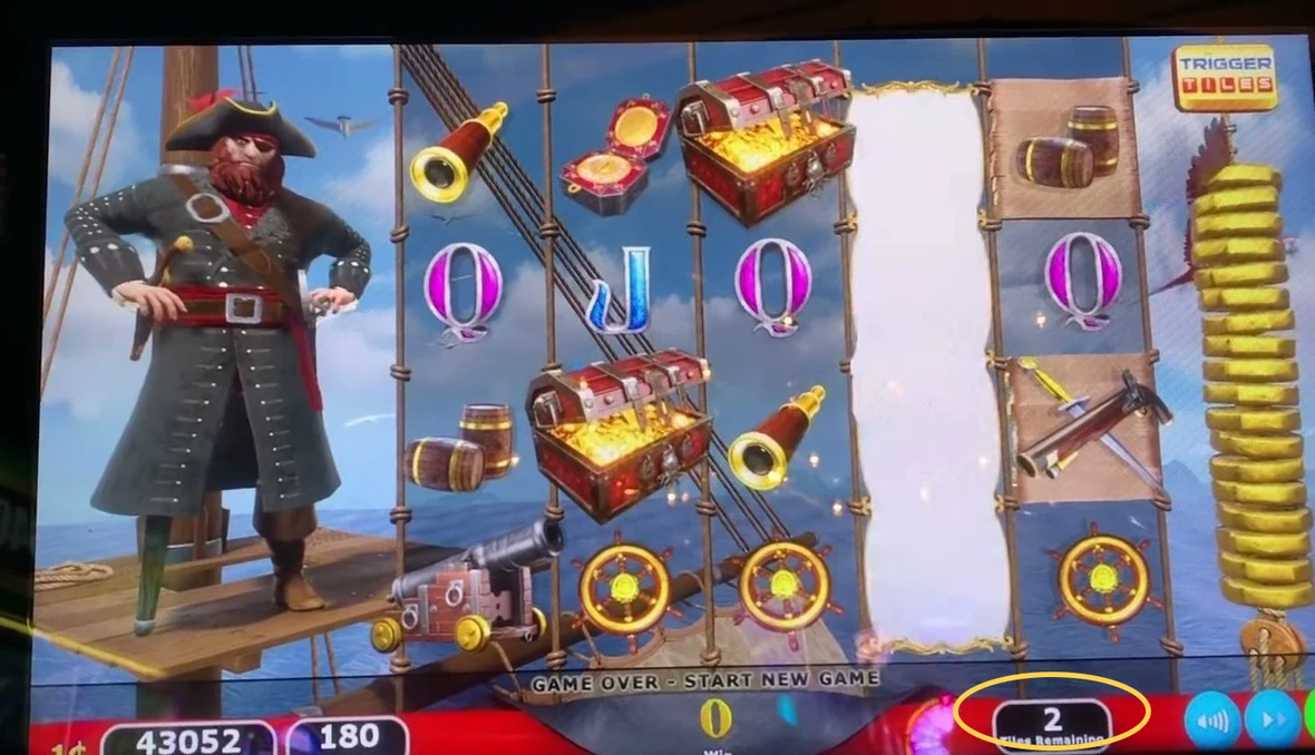 The read in one glance: the 'Tiles Remaining' counter in the bottom status bar (circled) shows 2. Two or fewer tiles left means the next handful of spins is likely to finish the board and tip the game into its bonus.