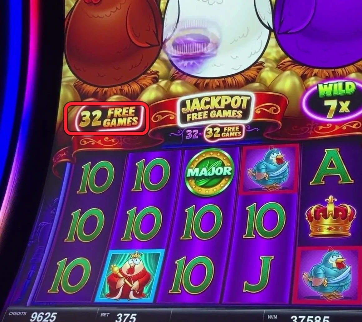 Read the Red Hen. The FREE GAMES number in her banner — here 32 FREE GAMES — is the whole play. You want that counter sitting at 20 or higher (25+ to be safe) before you sit down. White (jackpot) and Blue/Purple (WILD 7x) are combo upside only.