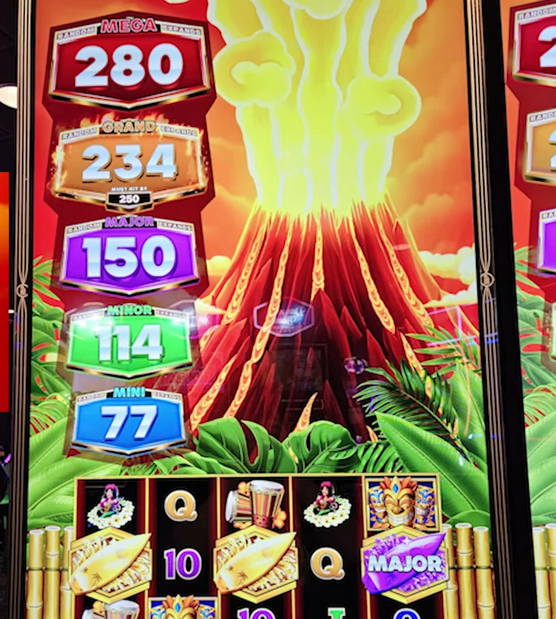 The whole read in one panel: the five must-hit-by counters stacked on the glass — Mega (red) 250, Grand (orange) 201, Major (purple) 175, Minor (green) 140 with its 'MUST HIT BY 150' tag, Mini (blue) 83. Each row is labelled RANDOM … EXPANDS because the count is reel expansions waiting to be spent. This is exactly the state you price before you sit — read all five, then check the other bet levels.