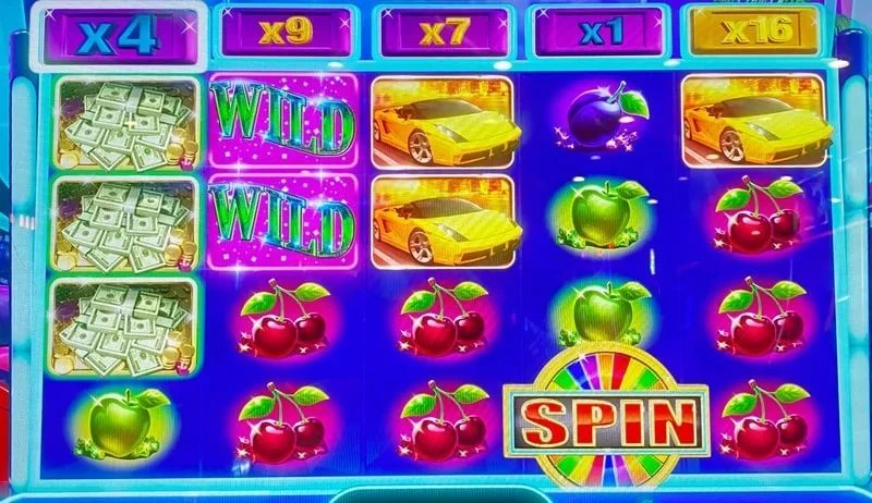 Read the row above the reels: x3, x3, x6, x6, x1. The two yellow x6 multipliers (6x or higher show in gold) plus the cyan ones — when three yellows total 24x or more, that is the play. The white border marks the active multiplier on reel four.
