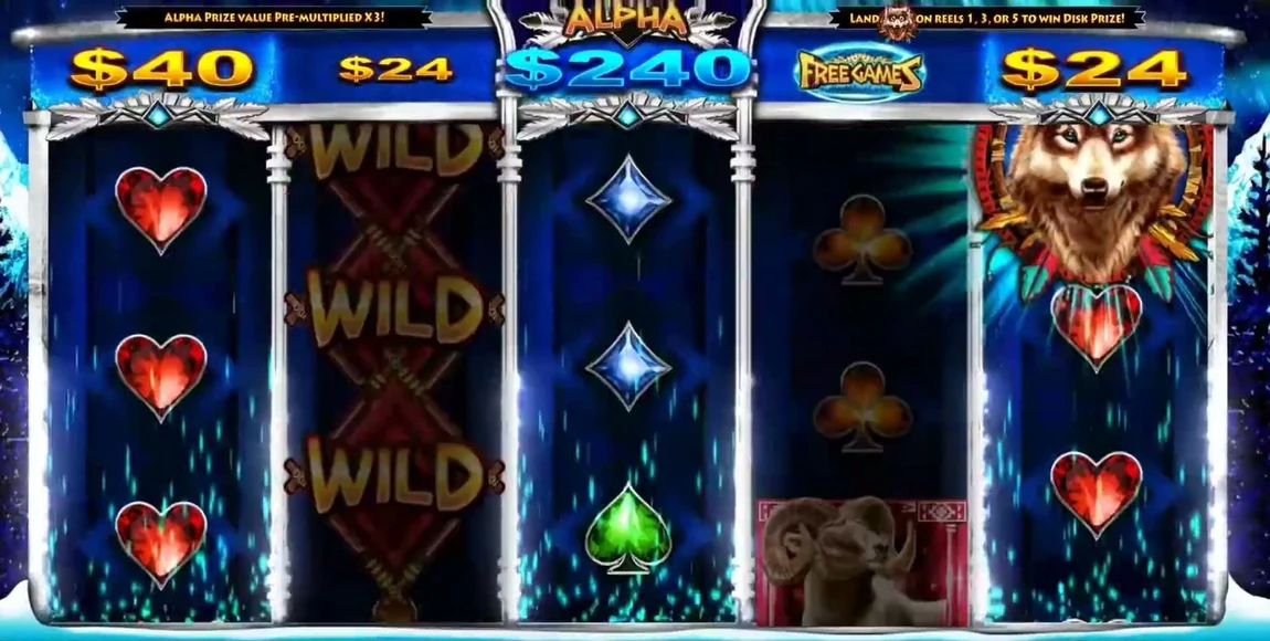 The whole read is the Prize Disk row above the reels. Here it shows $40 | $24 | $240 ALPHA | FREE GAMES | $24 — one value parked above each reel. FREE GAMES is parked over reel 4 and the $240 center prize is on the ALPHA reel, which pre-multiplies by 3x. What you want is free games, a blue prize, or a 50x+ prize sitting over reel 2 or reel 4.
