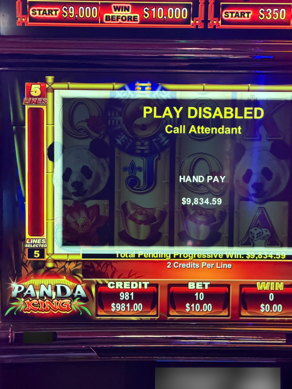 $9,834 advantage play win — Panda King progressive — play disabled, attendant called.