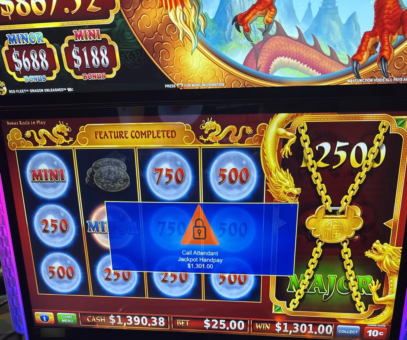 $1,301 advantage play win — Dragon Unleashed — hold-and-spin jackpot handpay.