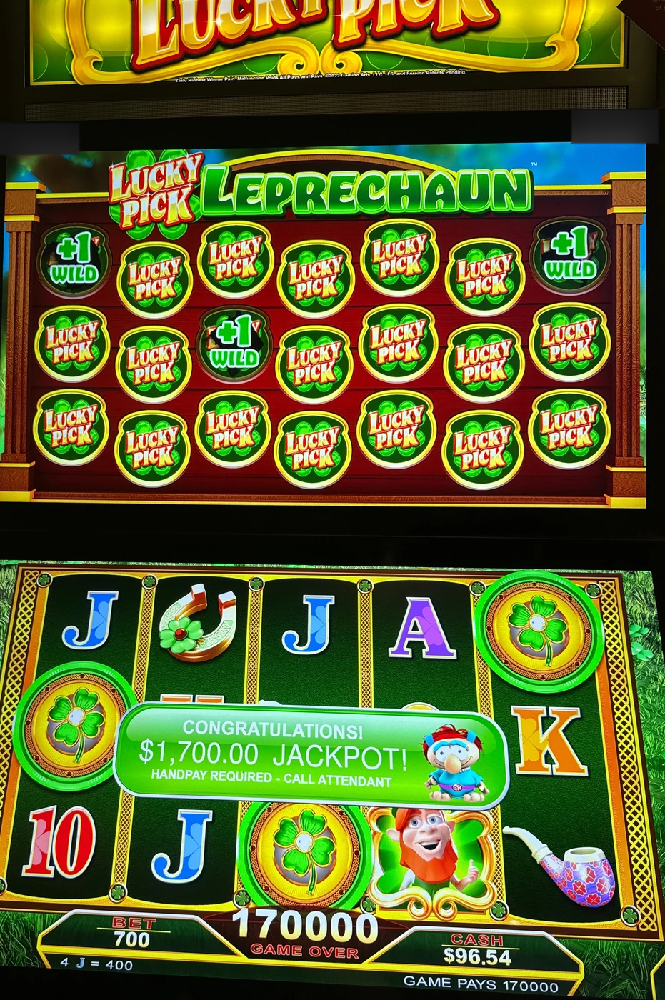 $1,700 advantage play win — Lucky Pick: Leprechaun — handpay, attendant called.